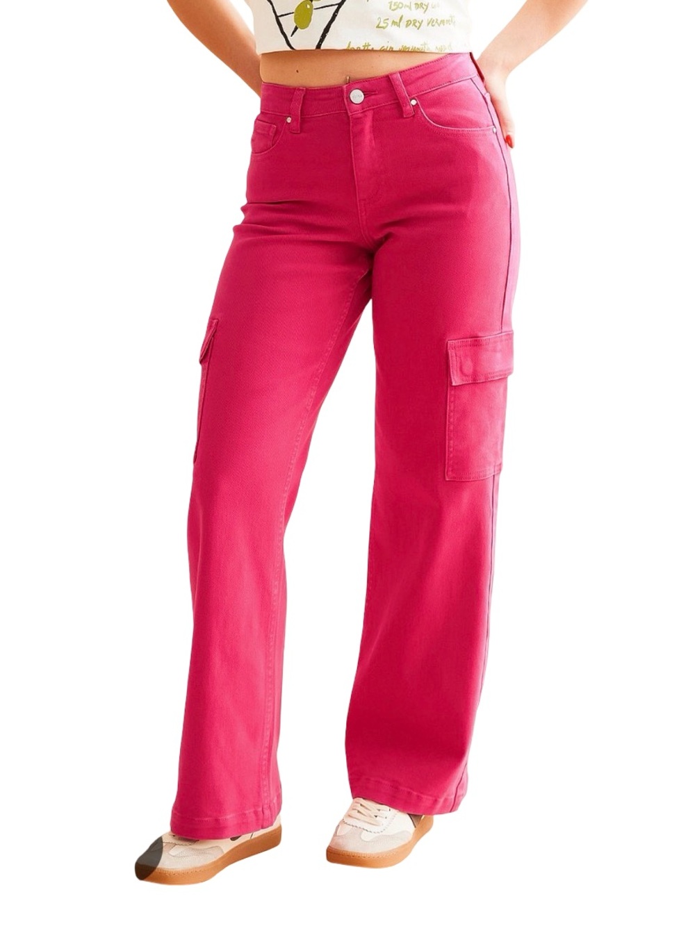 Vibrant | Women’s Risen High-Rise Wide-Leg Cargo Jeans in Fuchsia | 25